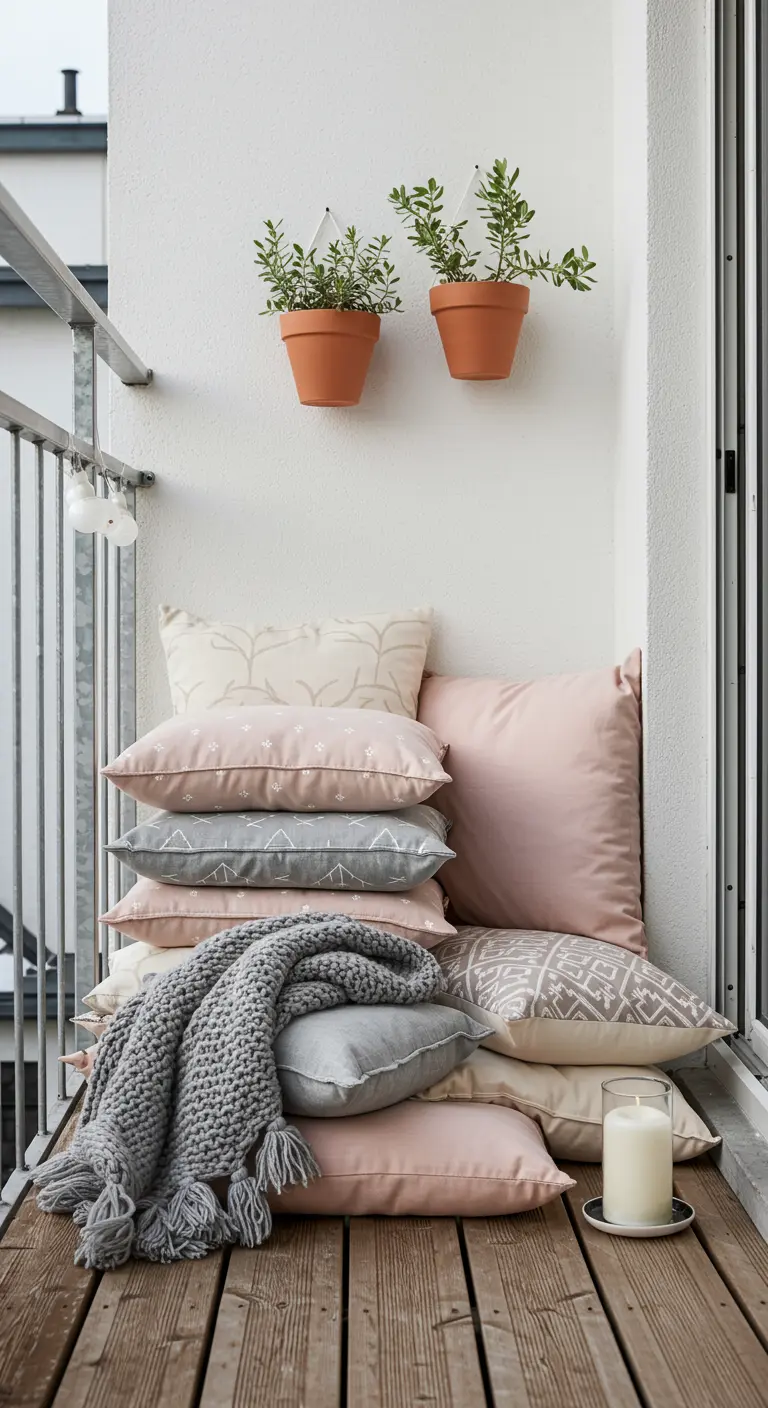 A cozy pile of pink and grey pillows on a wooden balcony floor with a grey knit throw.