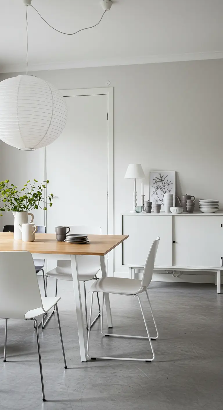Scandinavian dining room with a paper lantern, wood table, and white chairs on a concrete floor.