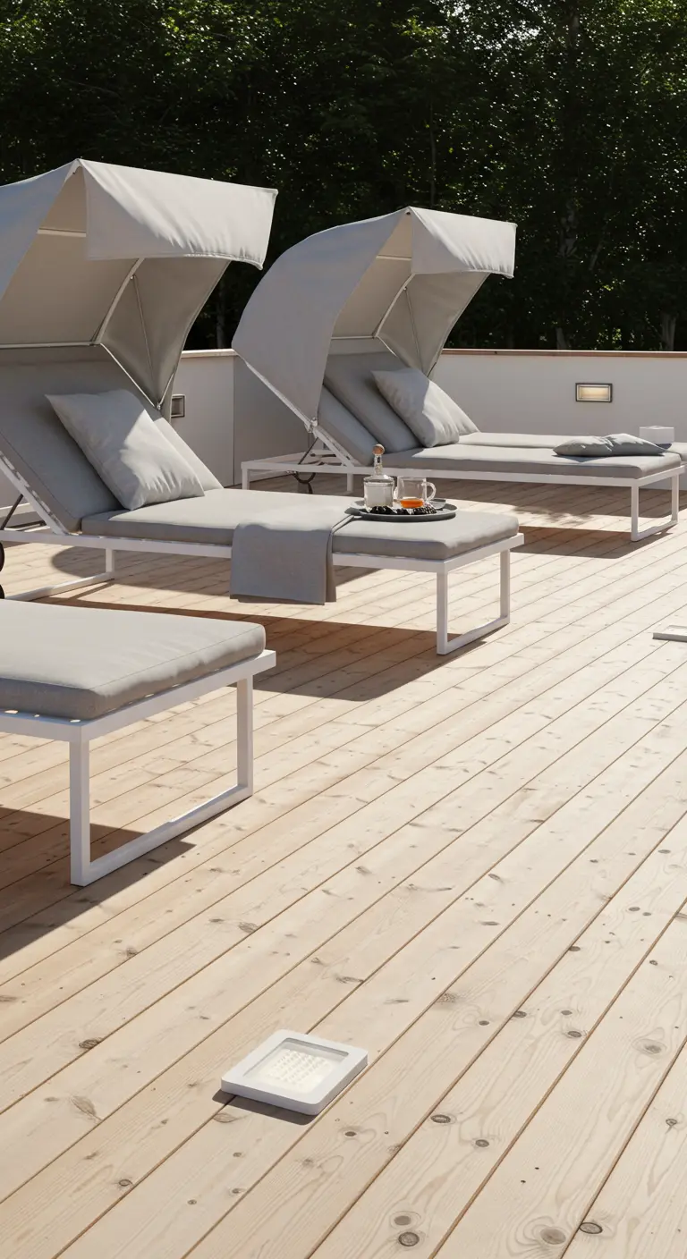 White-framed sunbeds with gray cushions on a light wood deck.