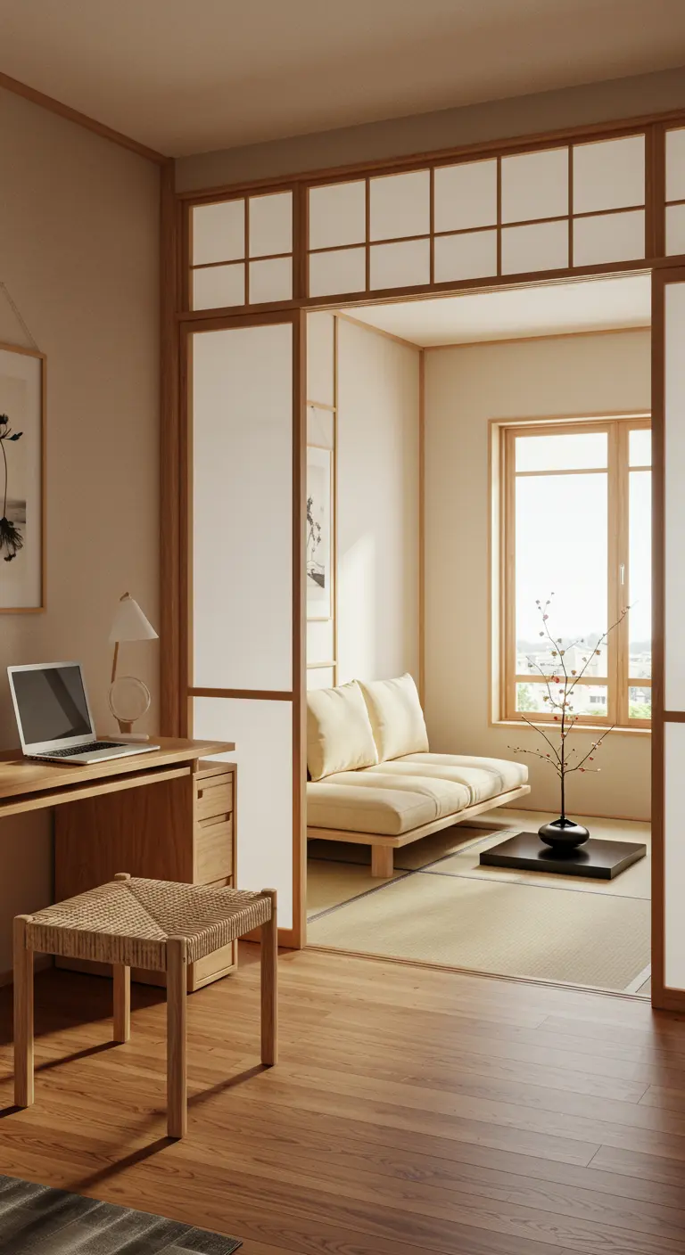 A Japandi-style room with a wooden desk and a lounge area separated by a sliding shoji screen.