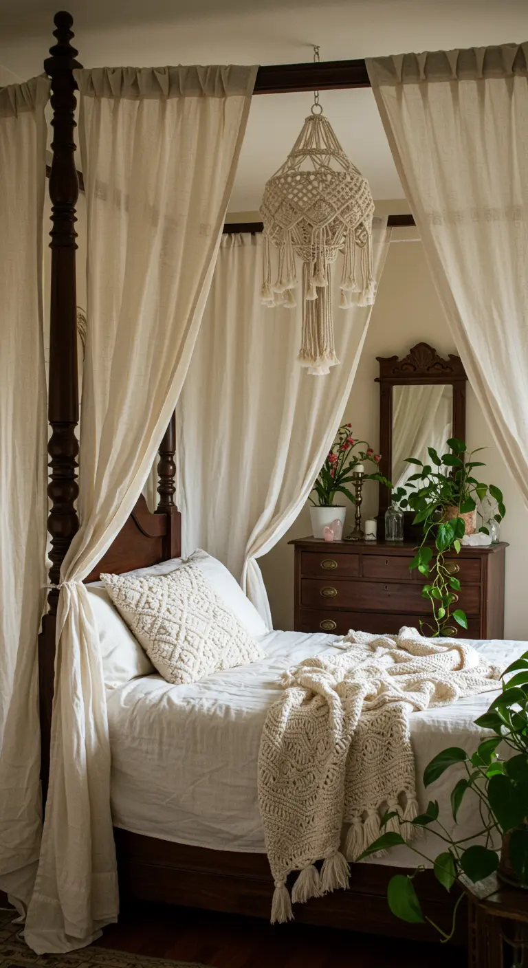 Four-poster bed draped with linen curtains, with a macrame chandelier above.