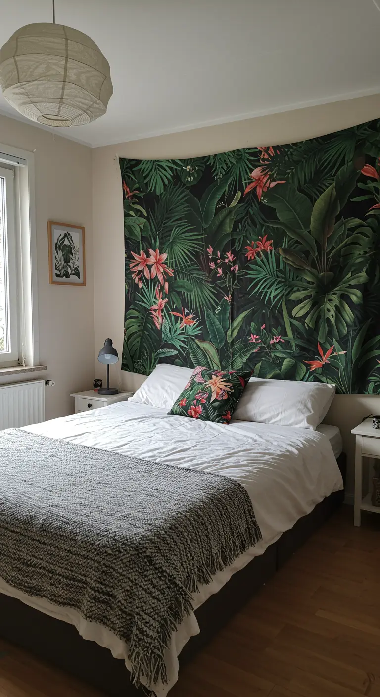 A large tapestry with a dense, dark tropical leaf pattern hangs behind a bed as a headboard.