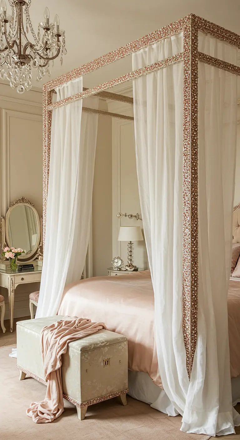 Romantic canopy bed with sheer white curtains, a floral-trimmed frame, and pink silk bedding.