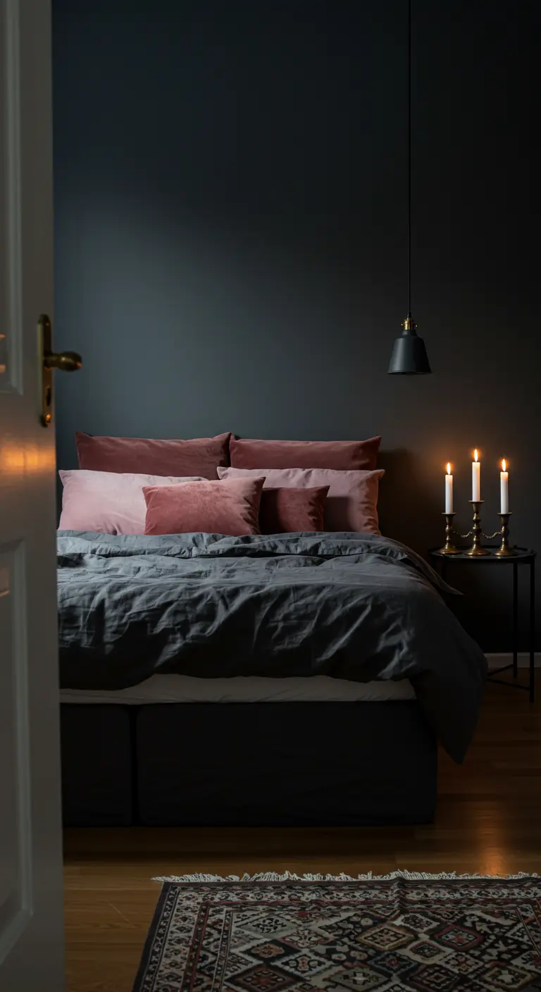 Bedroom with charcoal walls and bedding, accented with dusty rose velvet pillows.