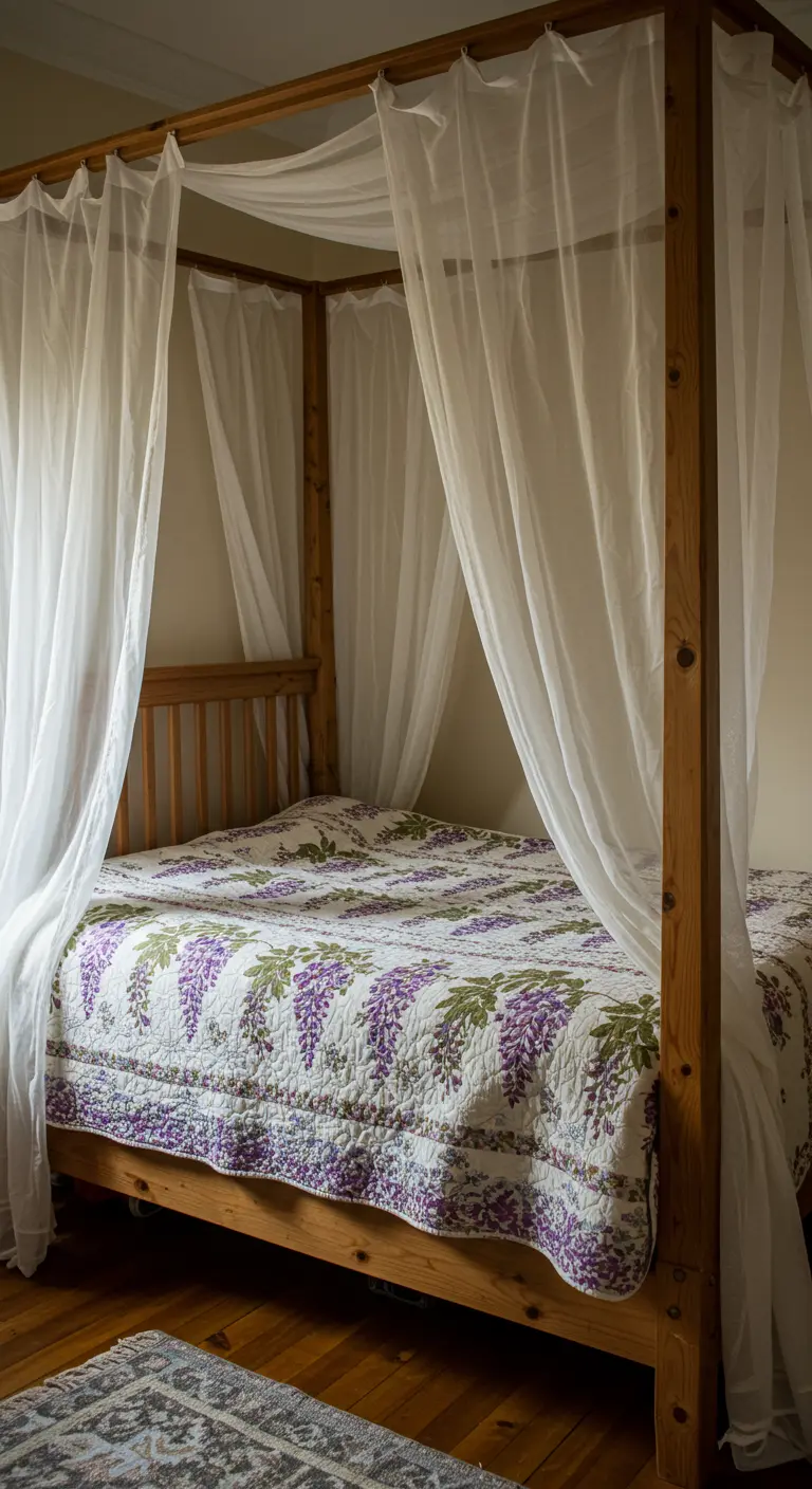Wood four-poster bed draped with sheer white curtains, with a wisteria-print quilt.