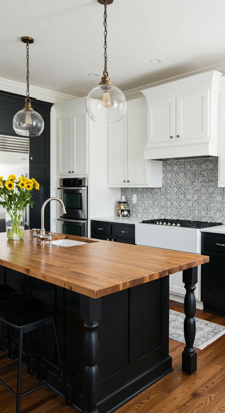 Black and white kitchen with a patterned tile backsplash and a black island with turned legs.