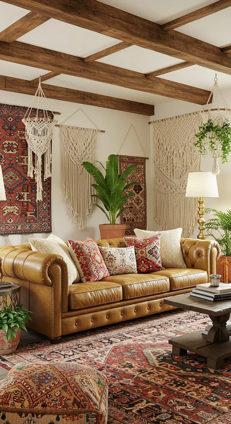 Bohemian living room with a leather Chesterfield sofa, layered rugs, and macrame wall hangings.