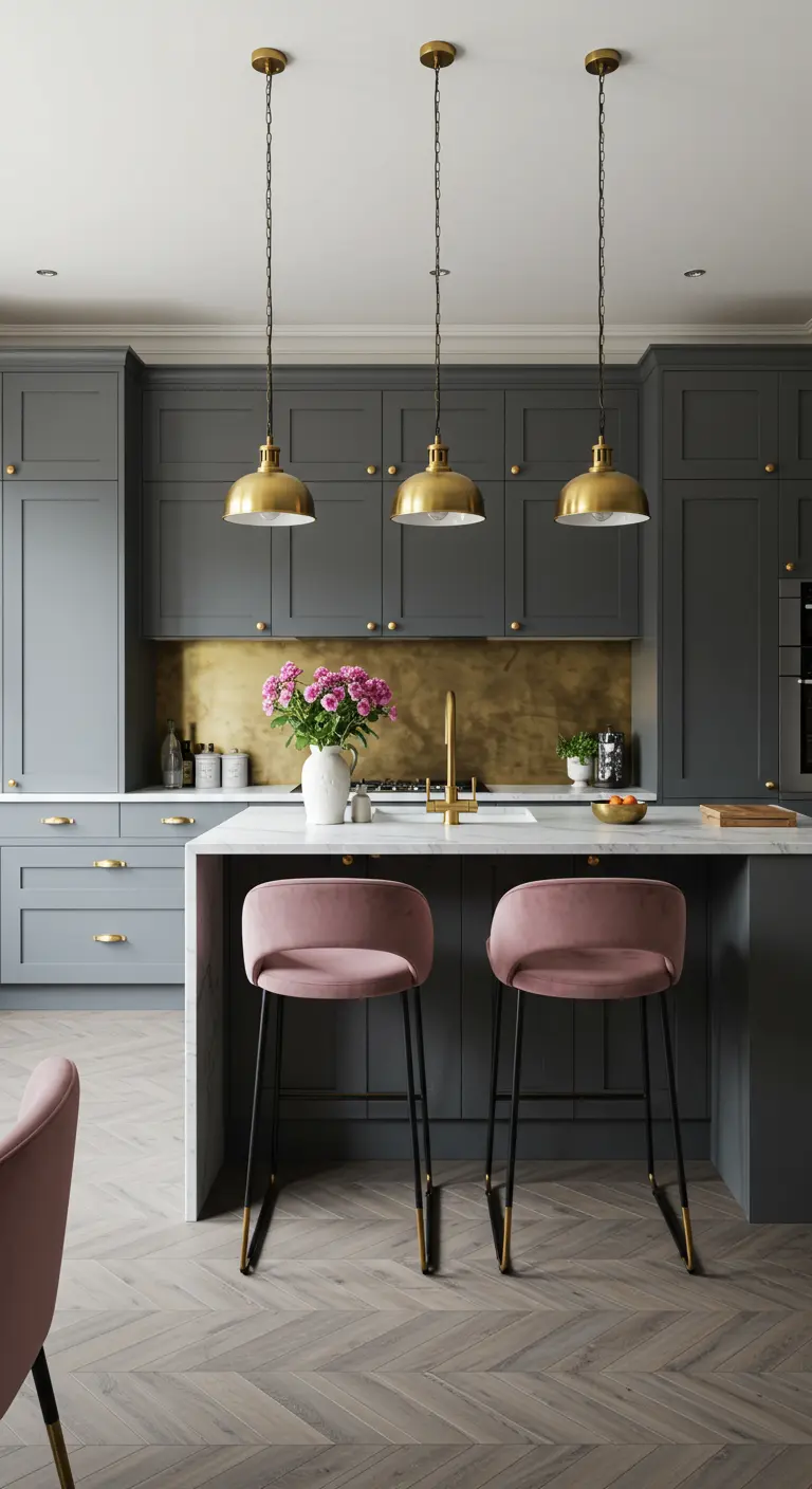 Kitchen with charcoal grey cabinets, a brass backsplash, and dusty pink velvet bar stools.