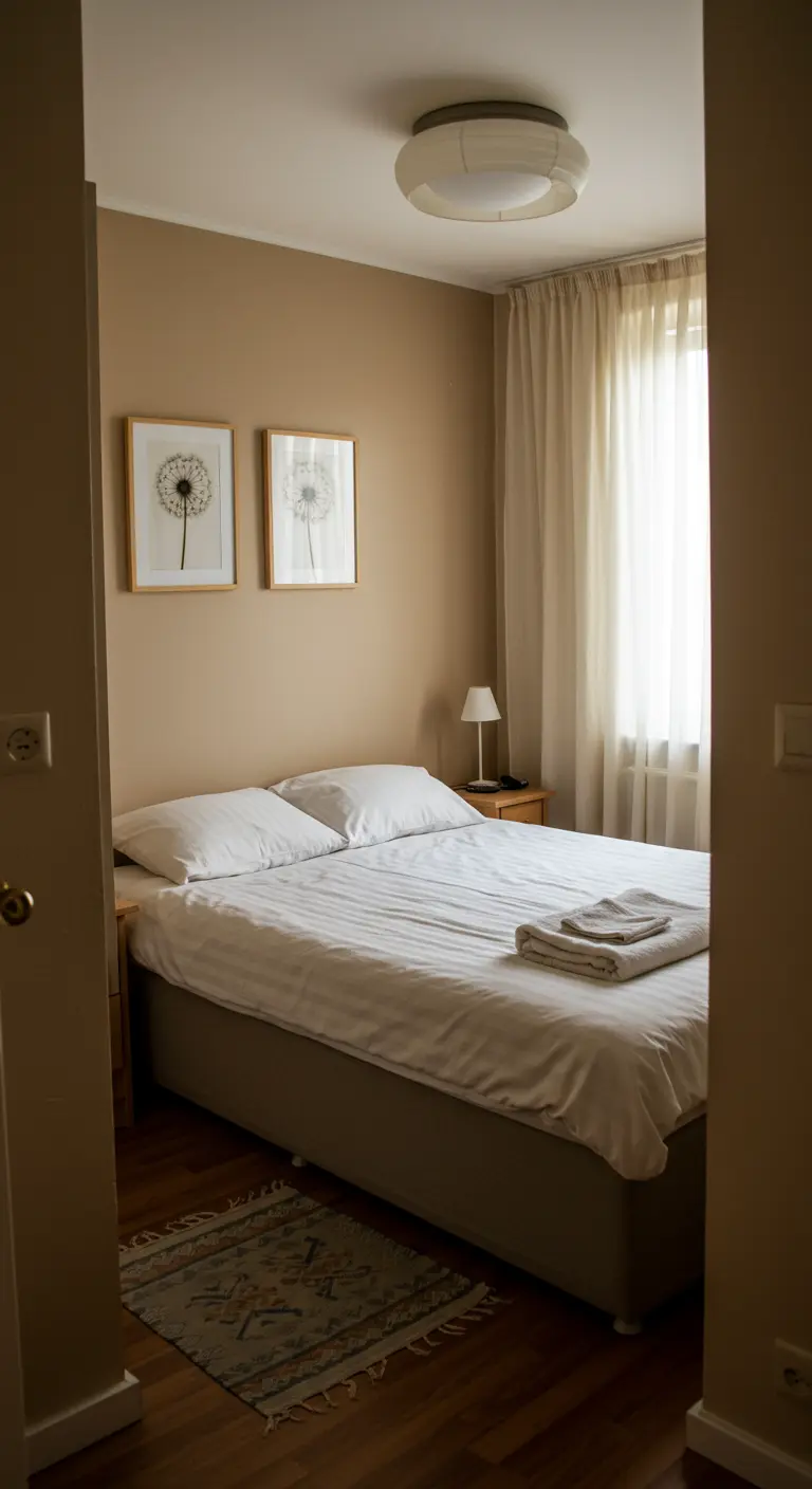 Two delicate dandelion prints hang above a neatly made bed in a calm, beige bedroom.