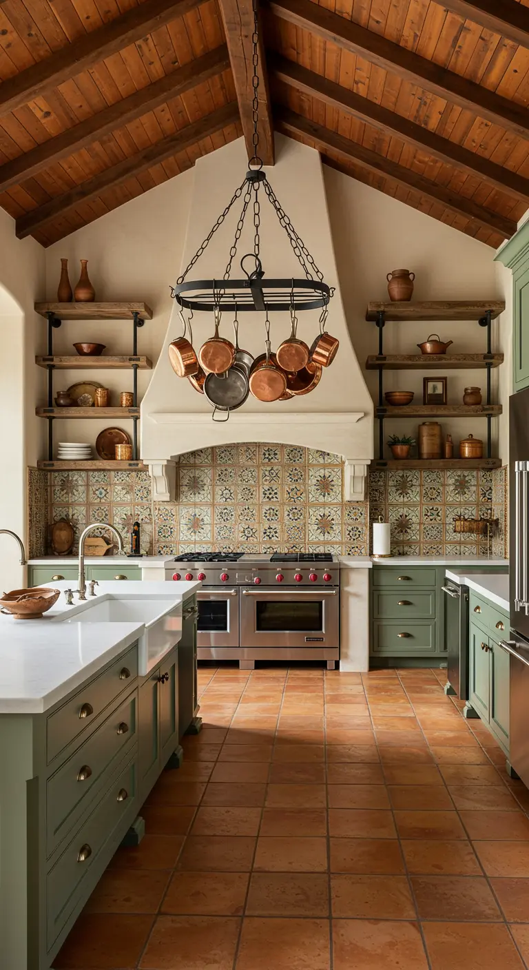 Sage green kitchen cabinets, terra cotta floors, and an iron pot rack chandelier.