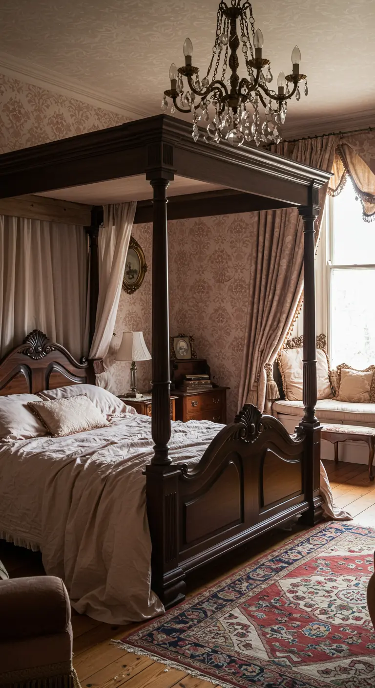 Traditional bedroom with a dark wood four-poster bed, blush wallpaper, and a chandelier.