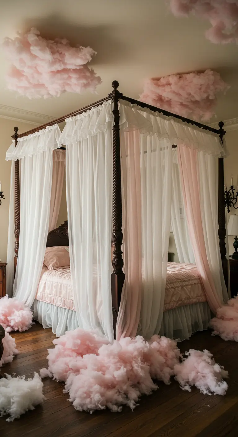 A classic dark wood four-poster bed decorated with pink and white clouds and sheer fabric.