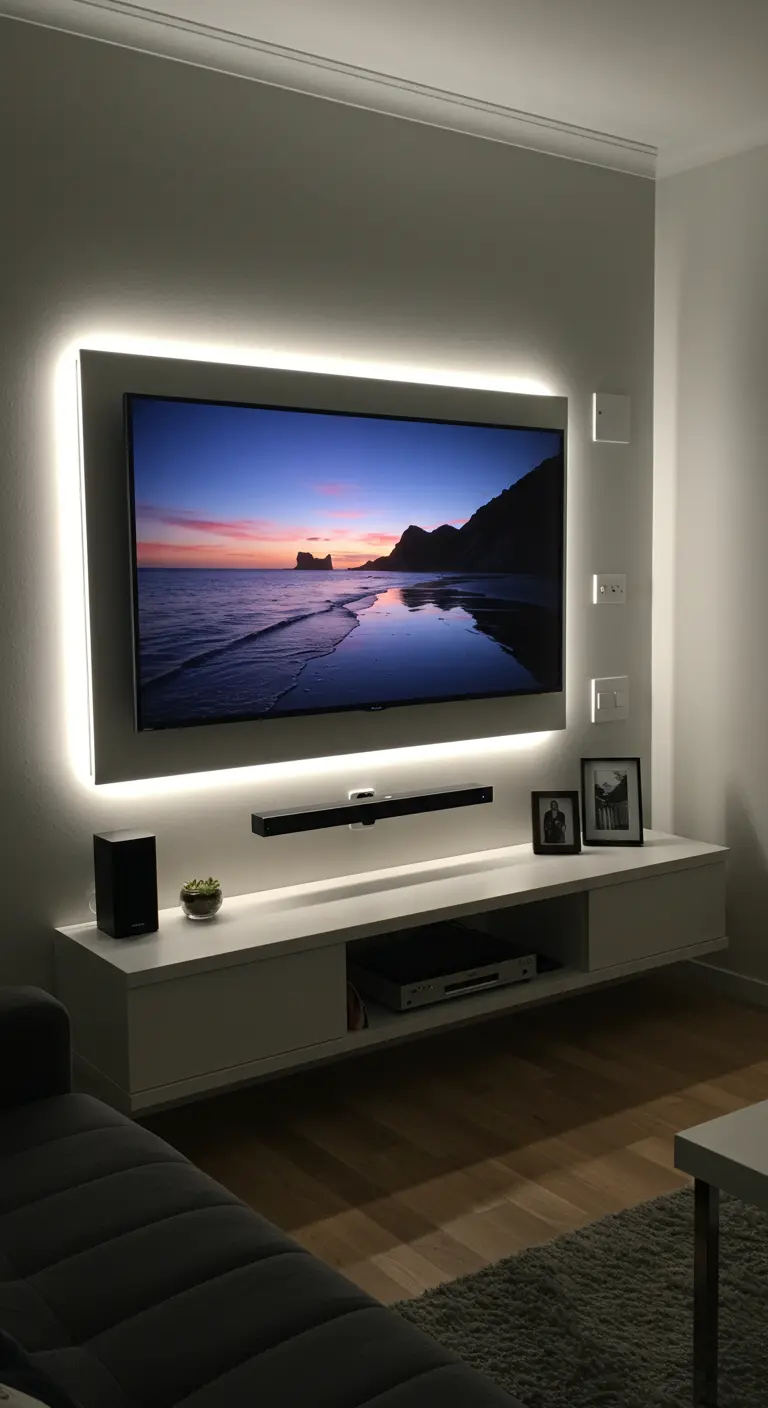 A wall-mounted TV with LED backlighting creating a soft white glow on the wall behind it.