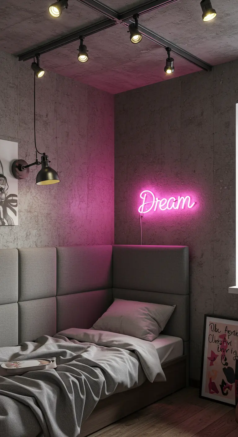 Small bedroom with a concrete wall, grey corner headboard, and pink neon sign.