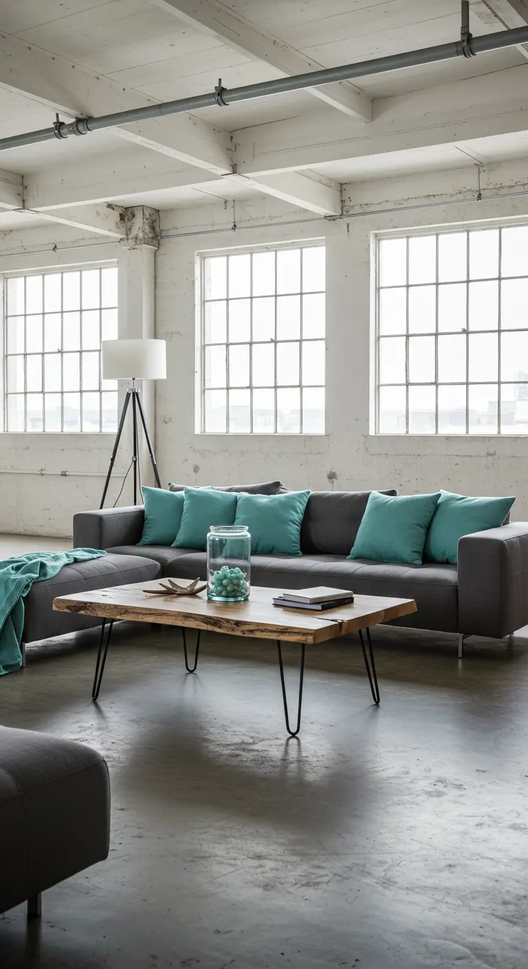 Industrial loft with a grey sectional, aqua pillows, and a rustic wood coffee table.
