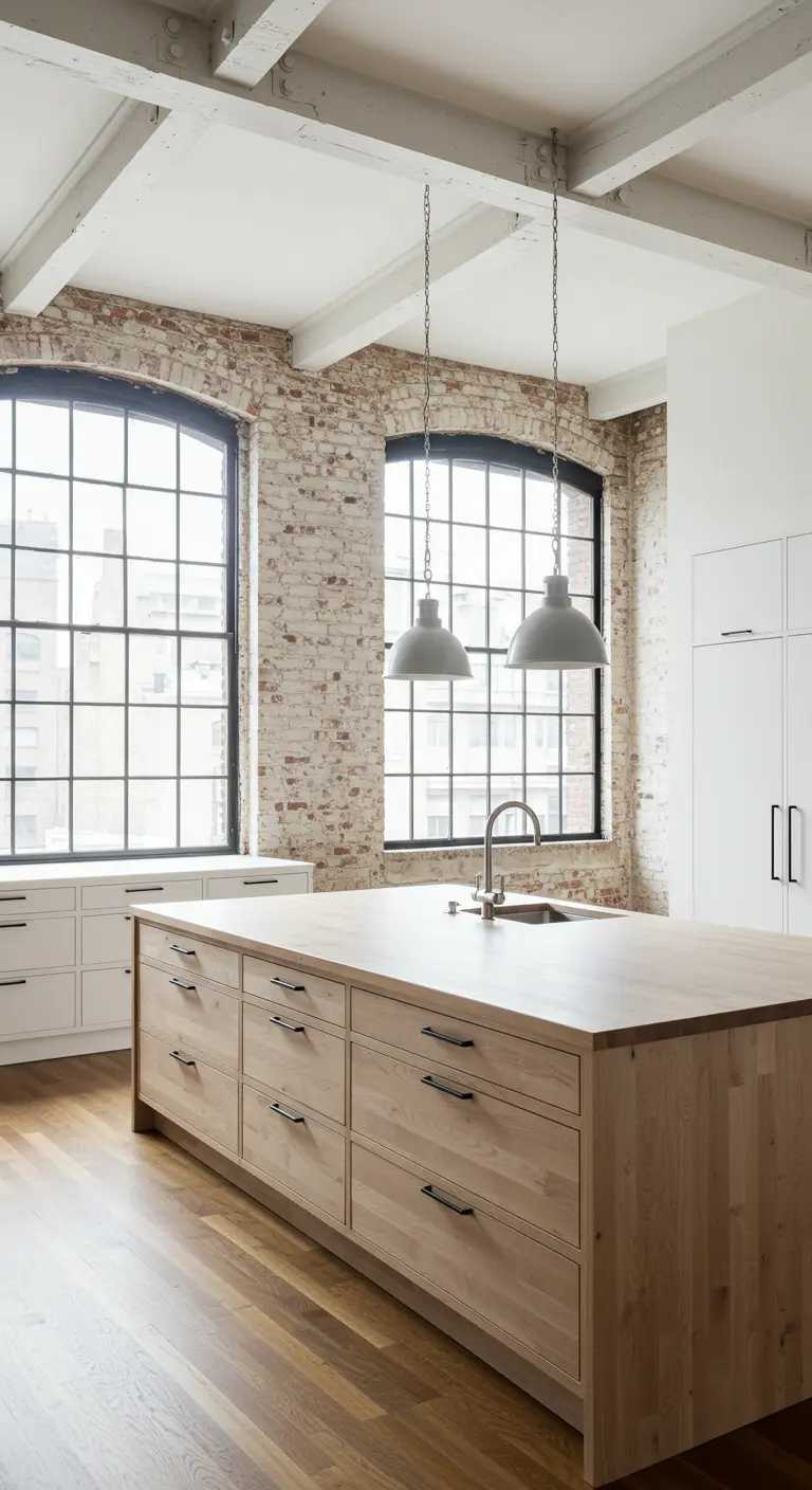 Loft kitchen with exposed brick walls, a large light wood island, and two factory pendant lights.