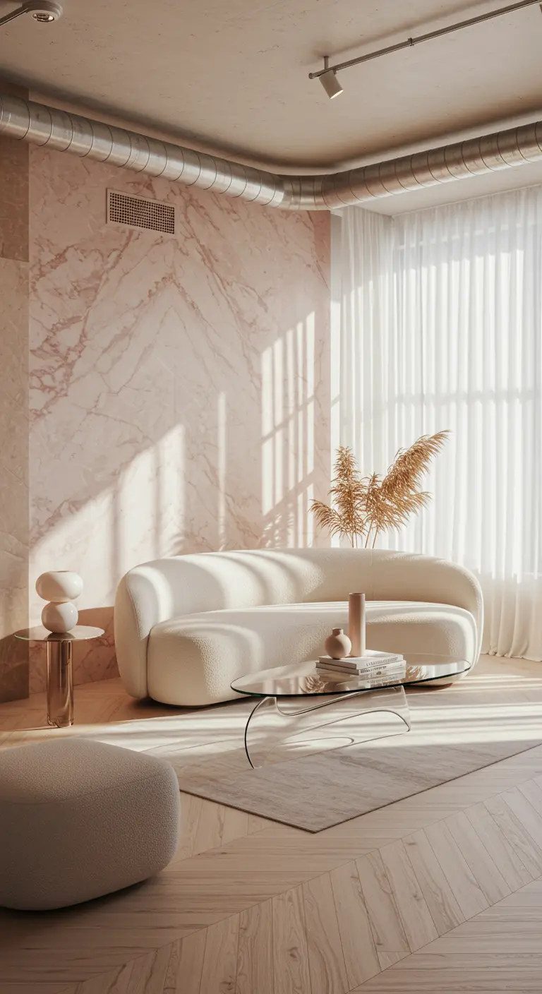 Soft loft interior with a pink marble wall, curved white bouclé sofa, and sheer curtains.