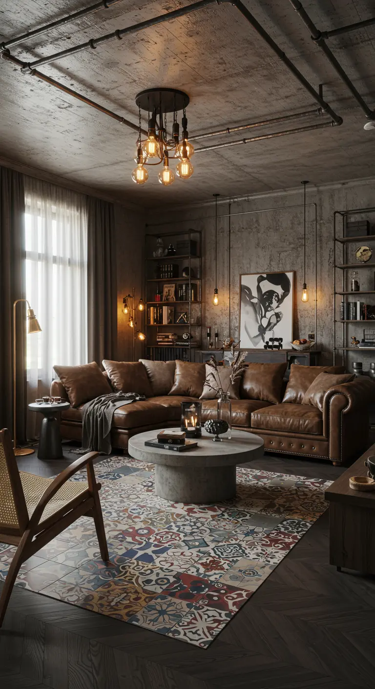 Industrial loft with a leather sofa, exposed pipes, and a colorful patterned tile floor inlay.