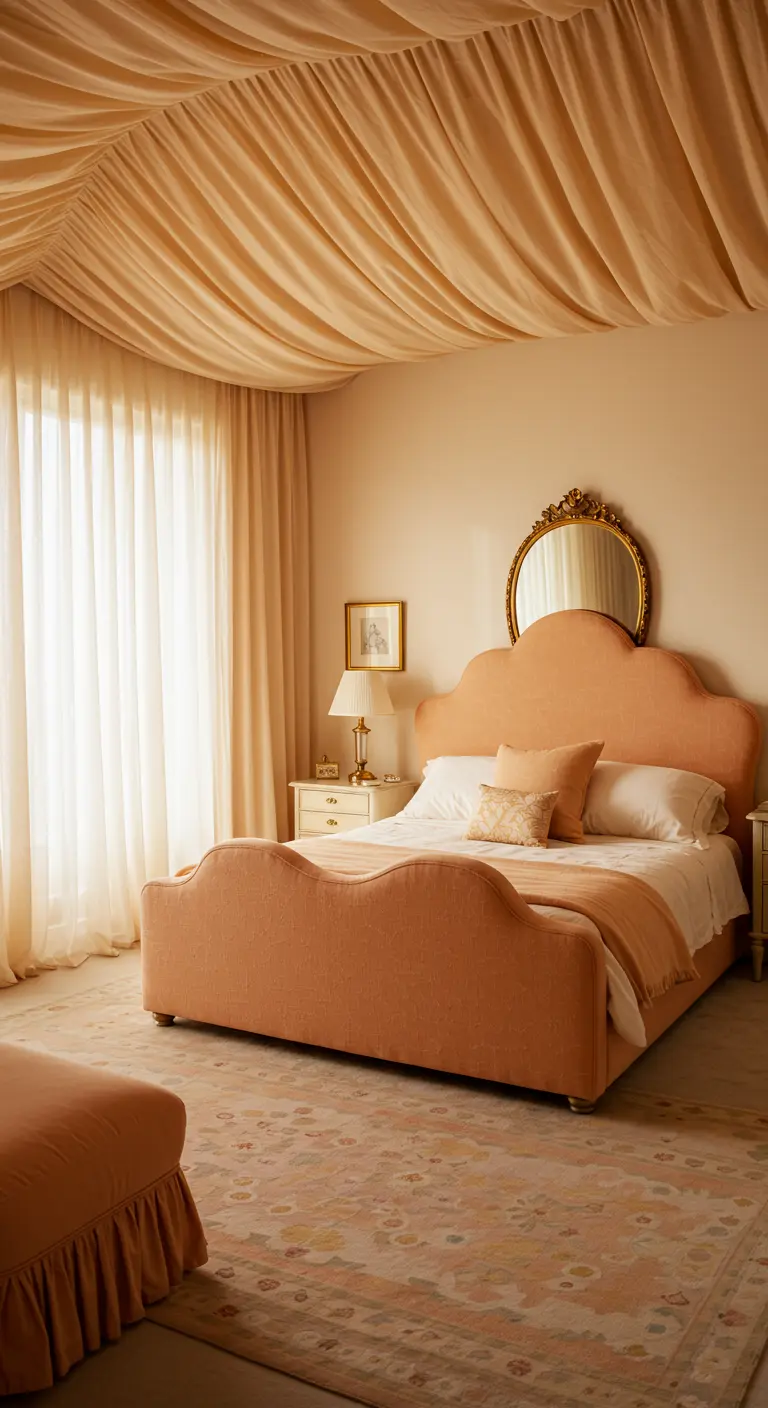 A soft peach bedroom with a fabric-draped ceiling and a curved headboard.
