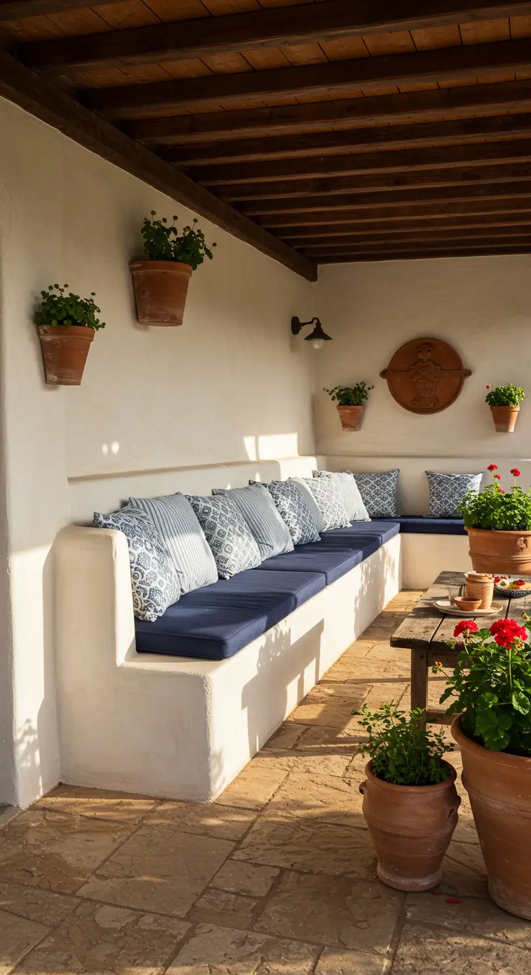 A patio with a white built-in corner sofa, blue cushions, and potted flowers.