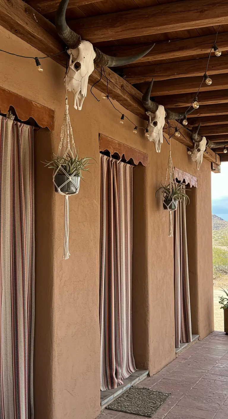 A Southwestern-style porch with striped curtains, cow skulls, and macramé hanging planters.