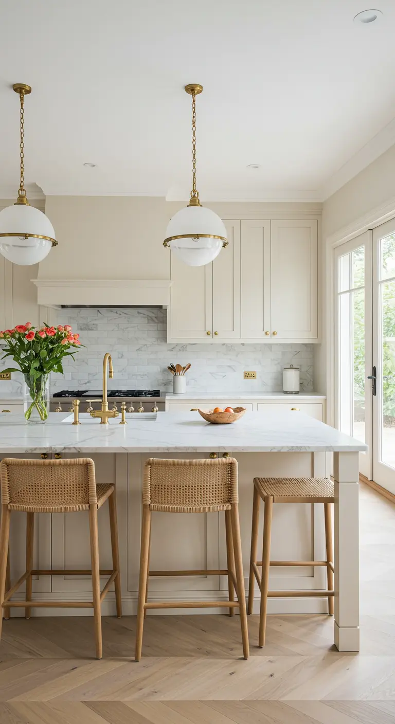 Creamy white kitchen with a marble island and woven cane counter stools.