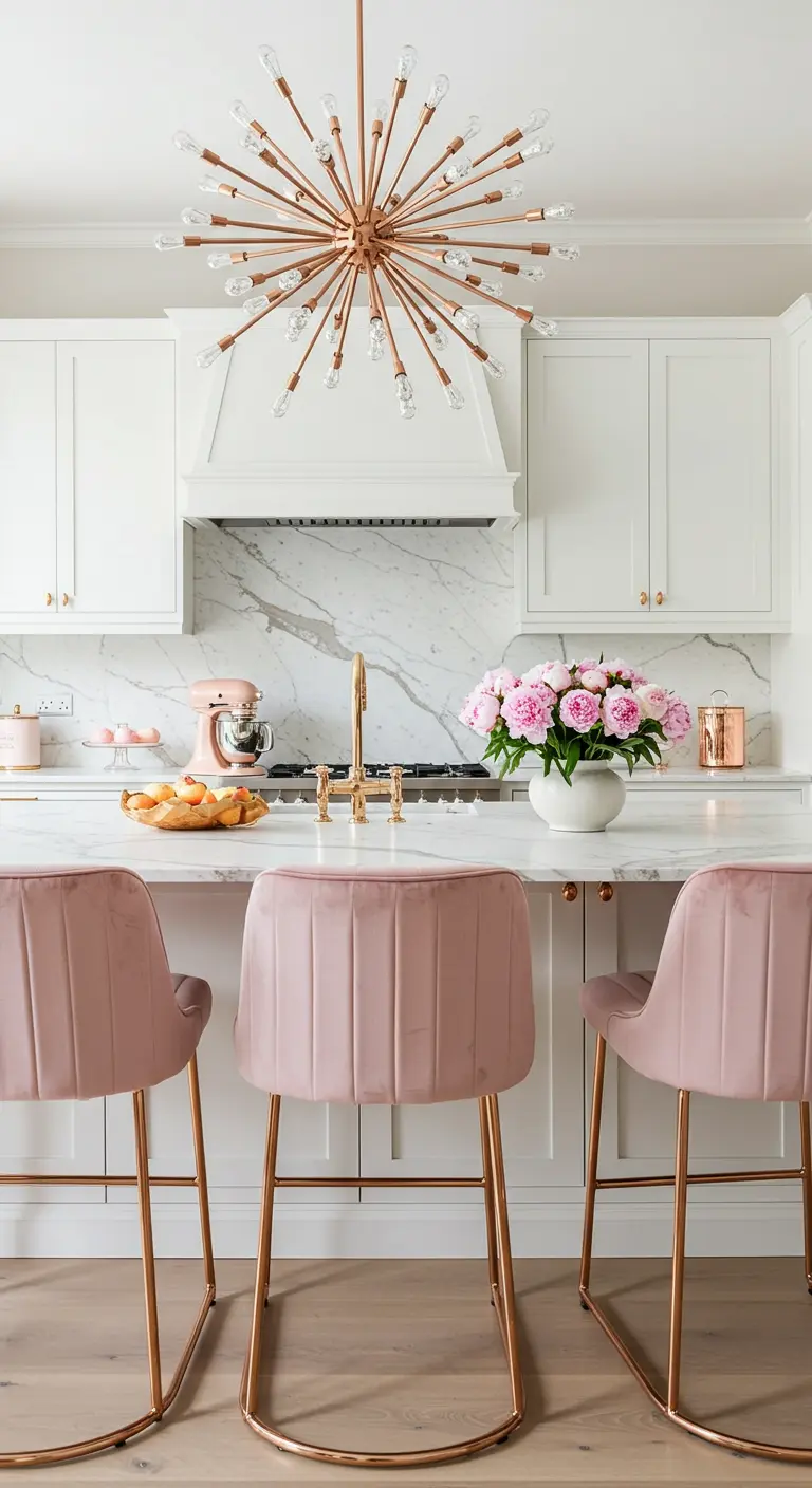 All-white kitchen featuring blush pink velvet stools and a gold Sputnik-style chandelier.