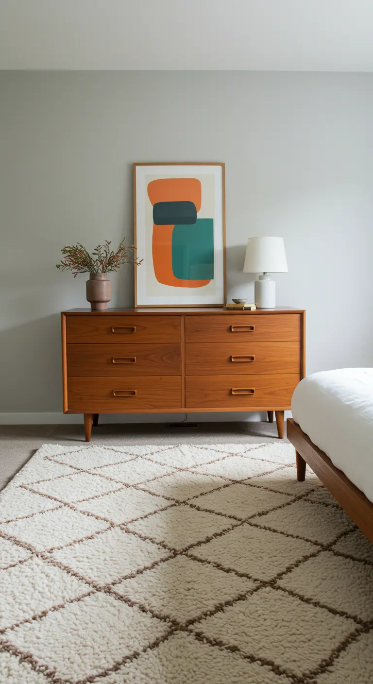 Walnut six-drawer dresser with abstract art above it and a white shag rug below.
