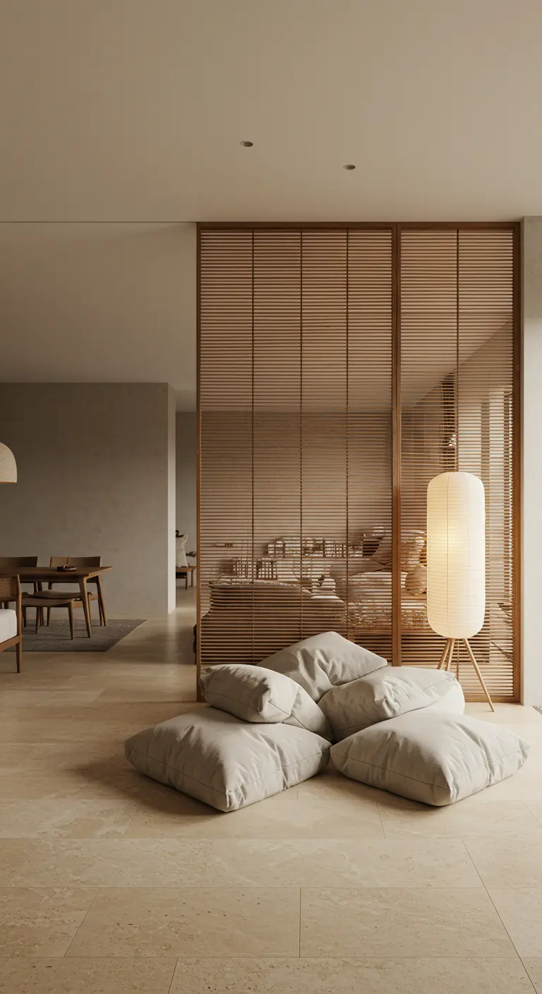 A pile of light gray floor cushions sits next to a slatted wood room divider.