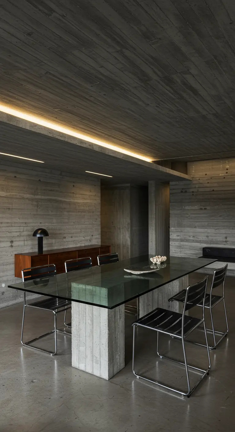 Glass dining table on concrete block legs in a minimalist concrete room.