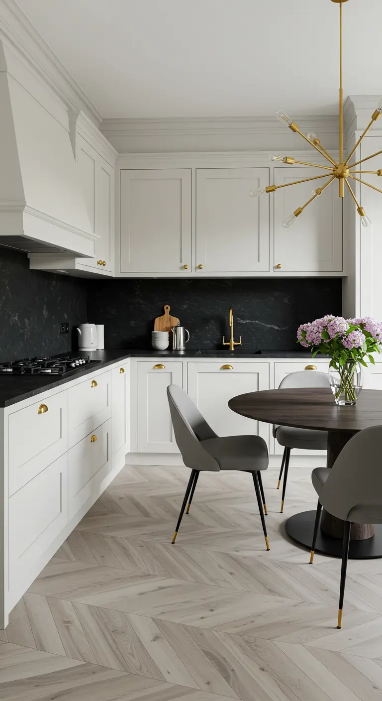 White kitchen with a black backsplash, light wood floors, and a gold sputnik chandelier.