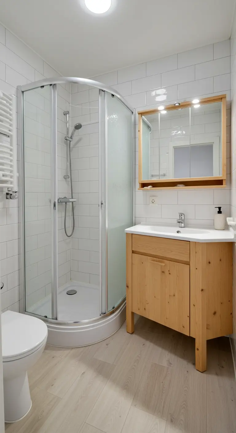 Small bathroom with a curved corner shower and a pine vanity.