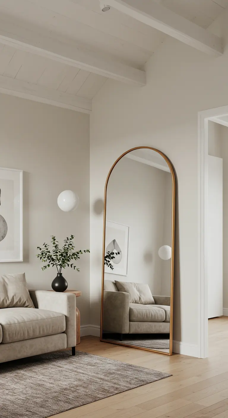 A tall, arched floor mirror with a gold frame leaning in the corner of a neutral living room.