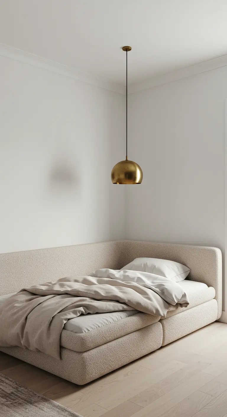 Soft minimalist corner bedroom with a low, upholstered bouclé bed and a single brass pendant.