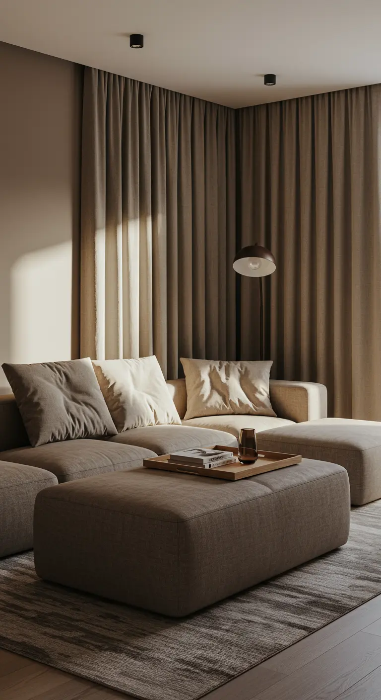 Modular sofa with large ottoman in a corner wrapped with floor-to-ceiling beige curtains.