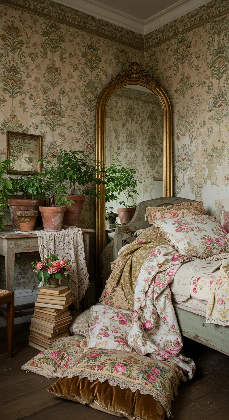 Arched gold mirror leaning in a corner surrounded by potted plants and floral textiles.