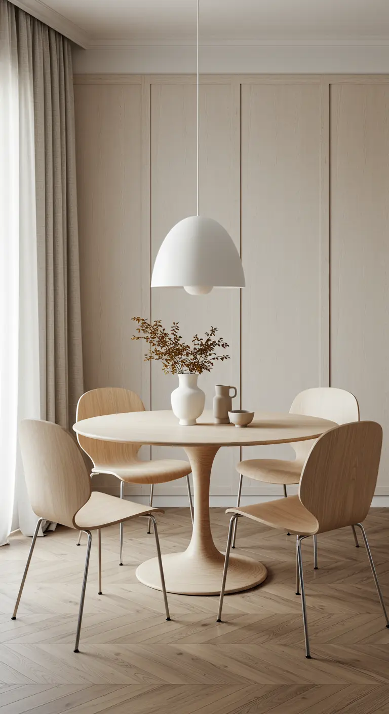 Dining nook with a round light wood table, curved chairs, and a large white dome pendant light.