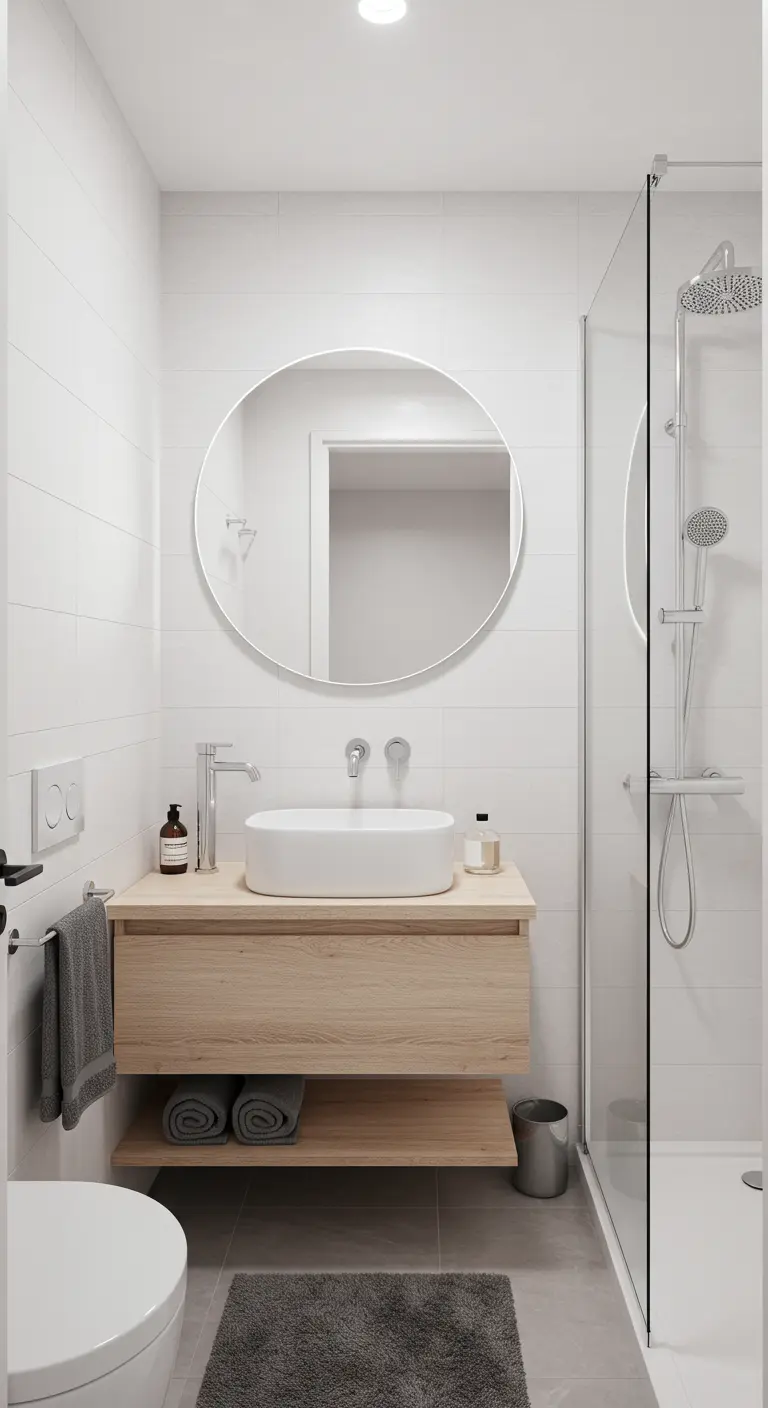 Modern bathroom with a round mirror over a floating light wood vanity and a glass shower.