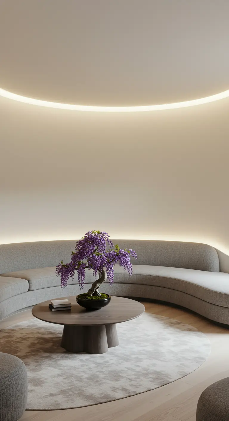 A curved gray sofa and round rug in a circular room with soft cove lighting and a wisteria bonsai.