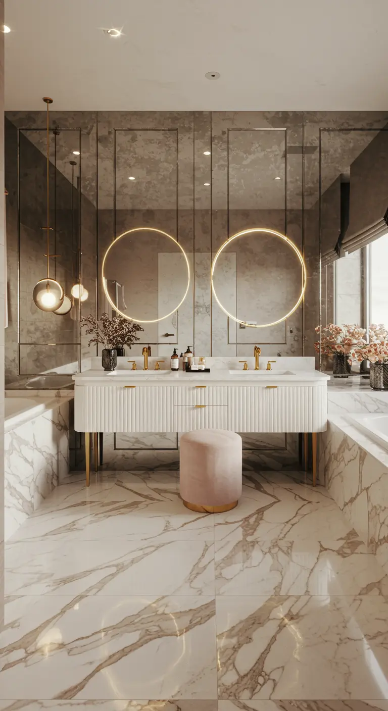 Modern glam bathroom with a fluted white vanity, halo-lit mirrors, and blush stool.
