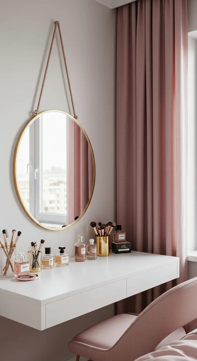 A floating white vanity and round gold mirror next to pink curtains.