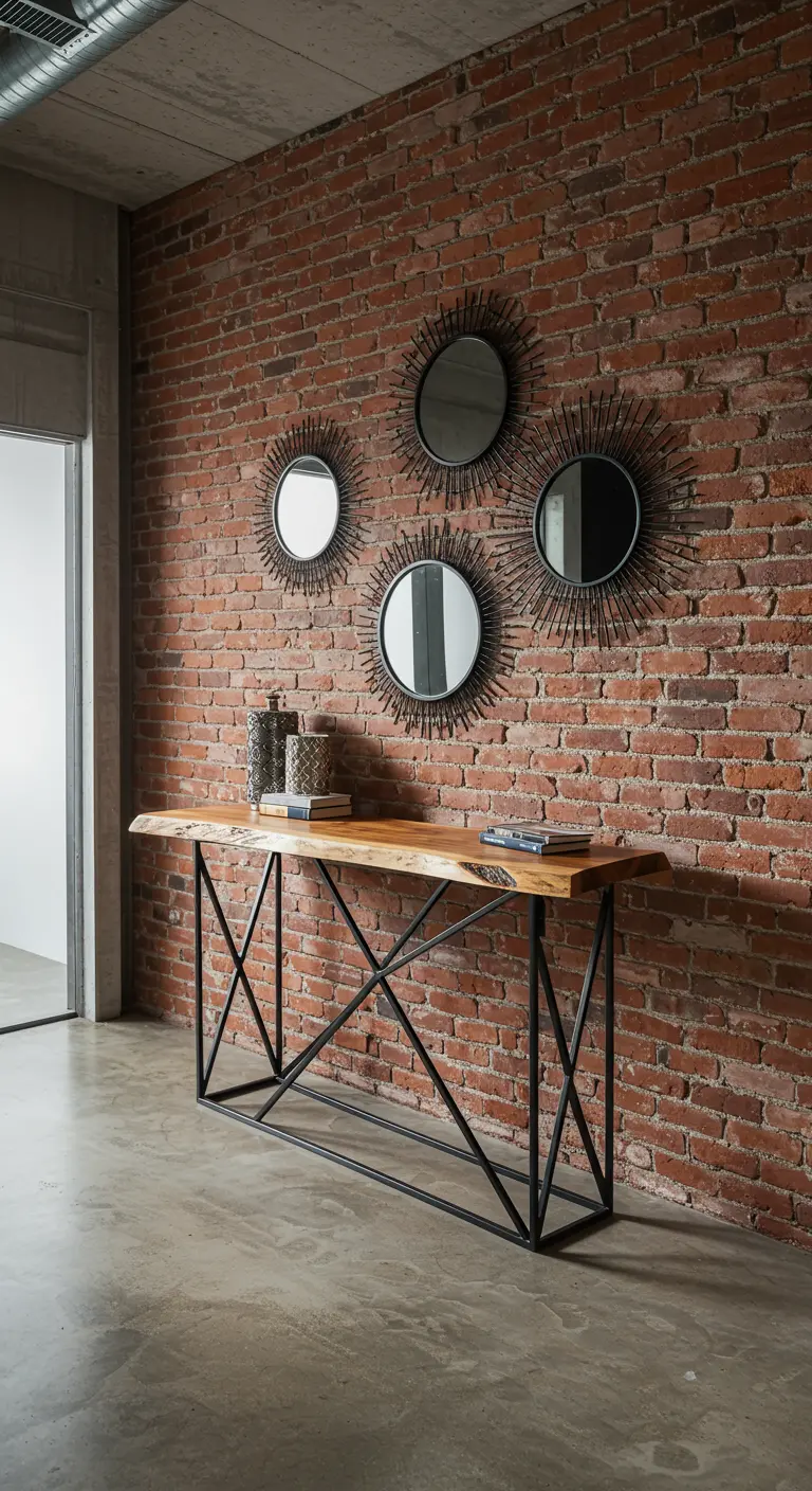 Entryway with a live-edge console table and sunburst mirrors on a brick wall.
