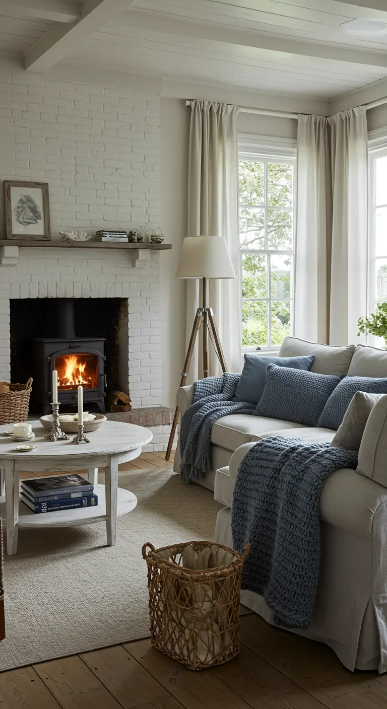 Cozy living room with a white brick fireplace and a neutral sofa draped in blue knit throws.