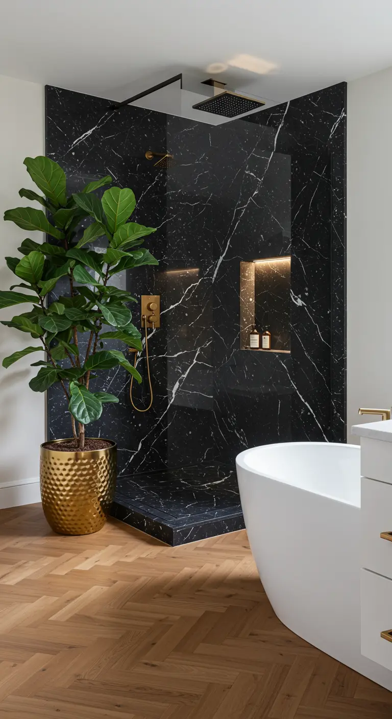 Black marble walk-in shower next to a large fiddle-leaf fig in a gold pot.