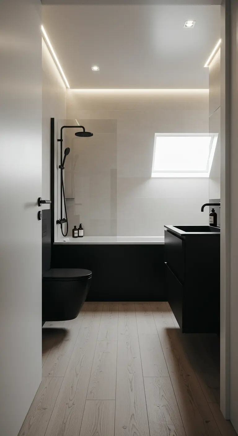 Narrow black and white bathroom with light wood floors and matte black fixtures.