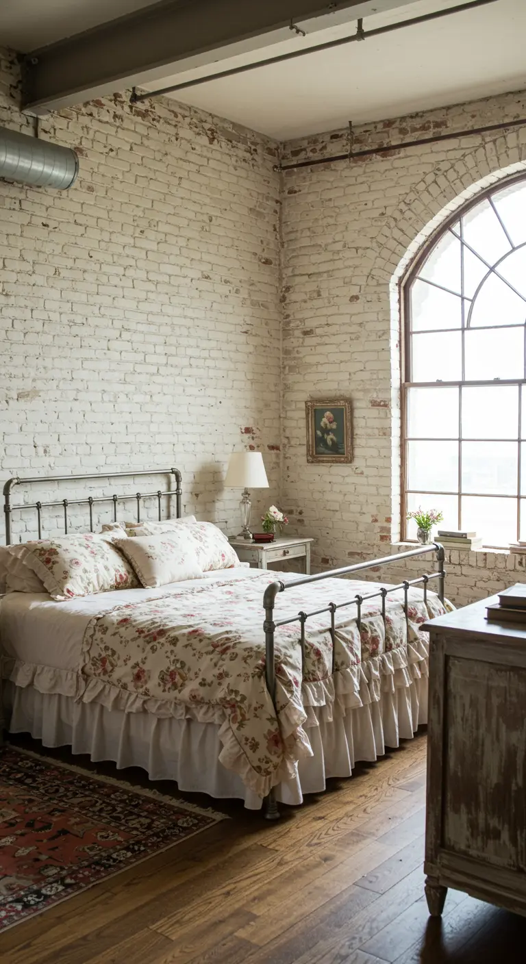 A loft bedroom with painted white brick walls, an arched window, and floral bedding.
