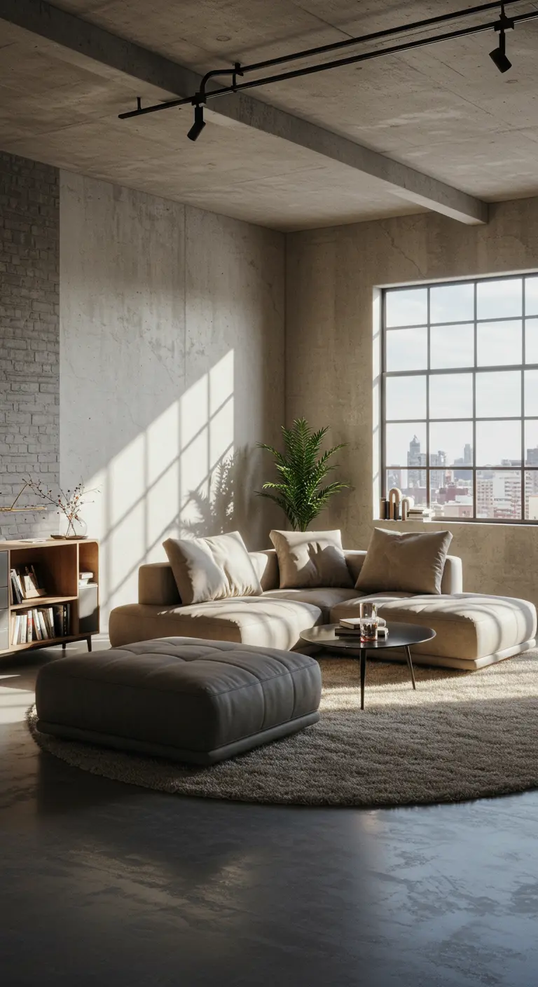 An industrial loft living room with concrete walls softened by a round rug and a plush sofa.