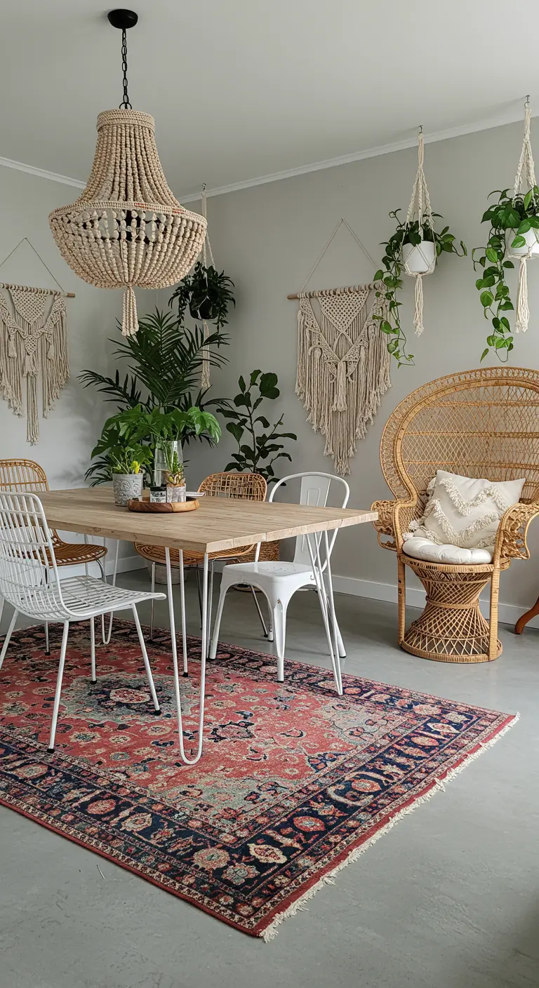Eclectic dining room with a large rug, macrame hangings, and a mix of chairs.