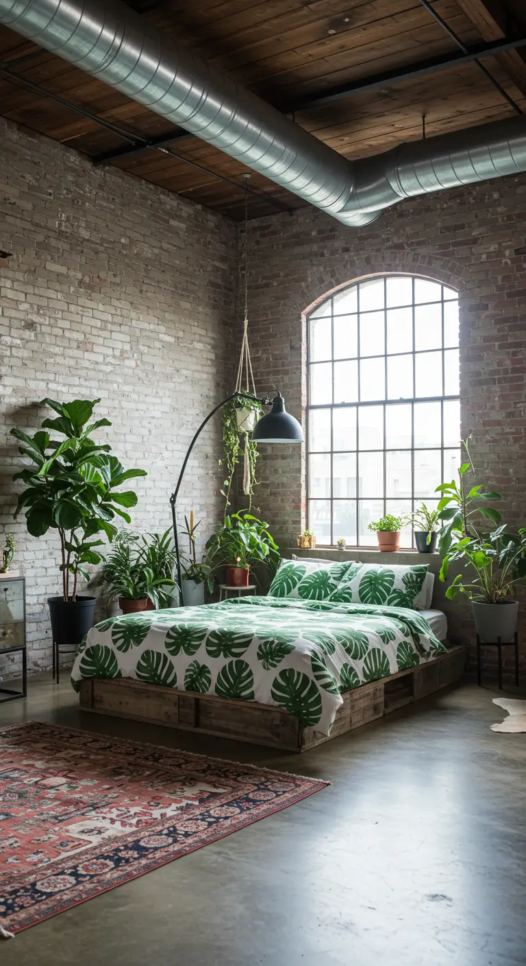 Loft bedroom with exposed brick, a large arched window, and a bed with a green Monstera leaf print duvet.