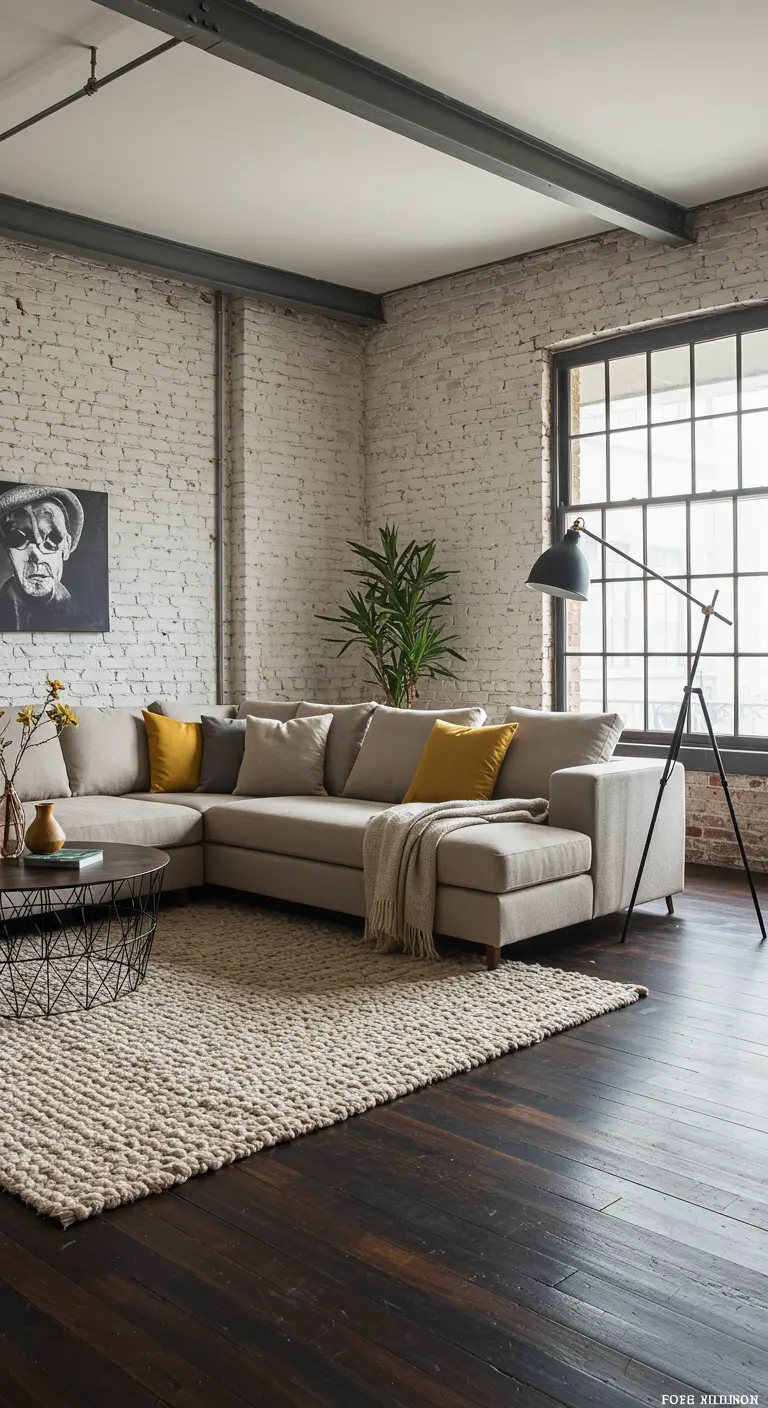 Industrial loft with exposed brick, a sectional sofa, and a thick, chunky woven rug.